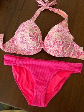 Women's Pink Floral Halter Bikini Set - Mixed Pink Two-Piece